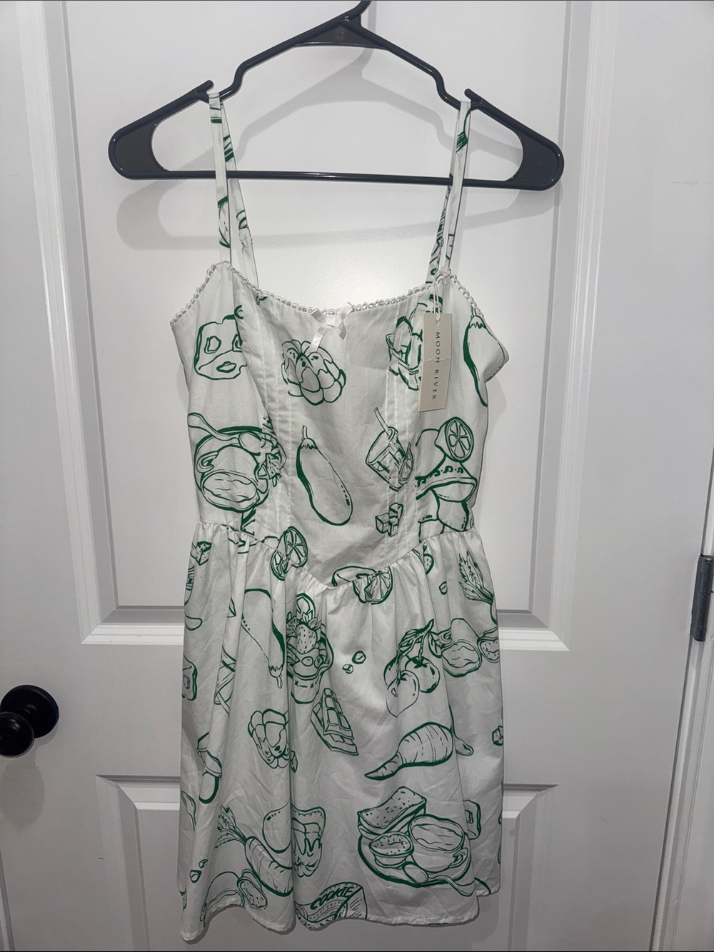 Moon River White Mini Dress with Green Food-Print